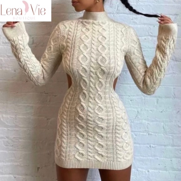 Lena Vie Dreamy Cable Knit Cream Open Back Sweater Dress, Miranda Knit Mini - Picture 16 of 16